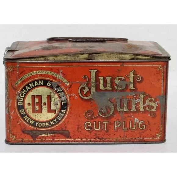 VINTAGE Antique 1900's Just Suits Cut Plug Tobacco STORAGE Case Tin - Picture 2 of 6